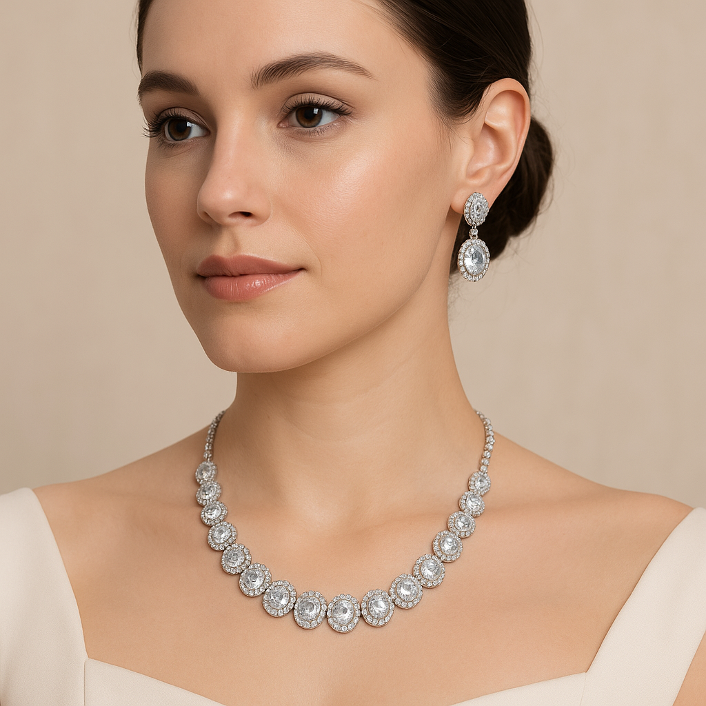 Glamorous Silver-Toned Oval CZ Necklace & Earrings Set with Double Halo Design