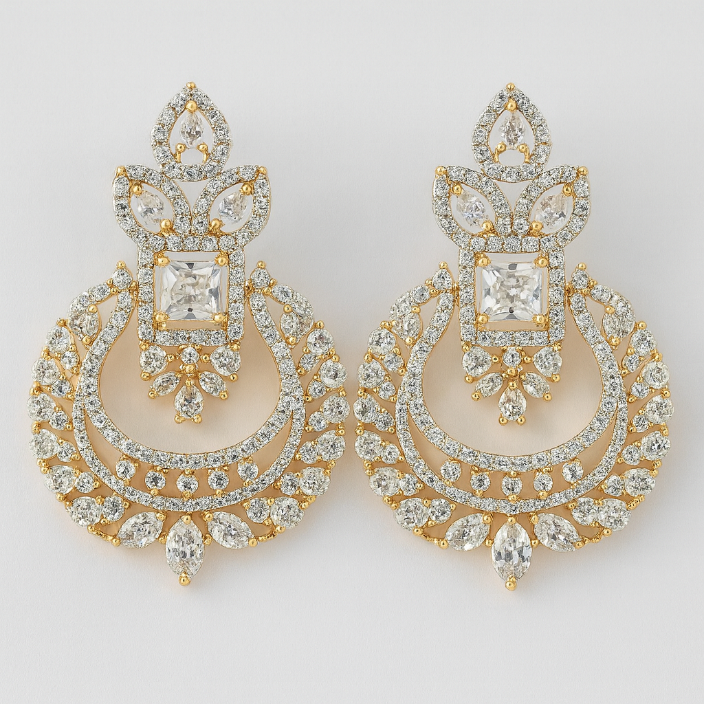 Gold-Plated CZ Chandelier Earrings with Square Centerpiece & Marquise Accents – Bridal & Festive Wear