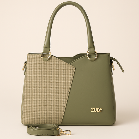 ZUBY Olive Green Textured Panel Handbag with Gold Logo – Elegant Designer Tote with Strap