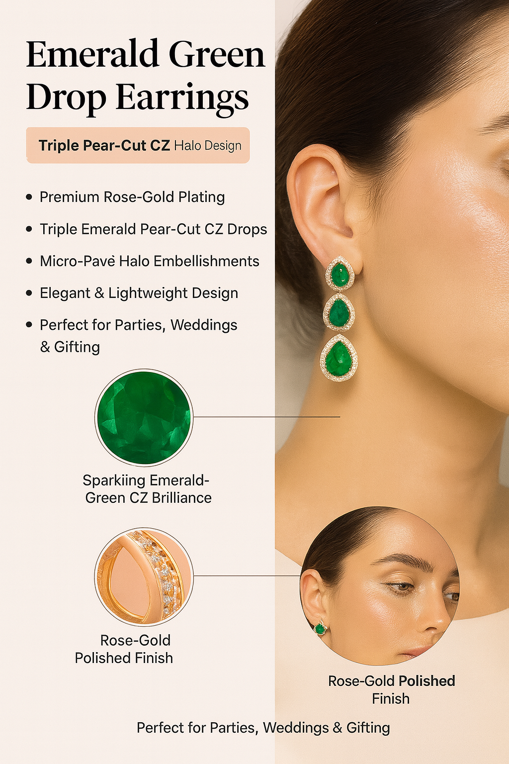 Rose-Gold Triple Emerald Drop Earrings – CZ Halo Statement Design