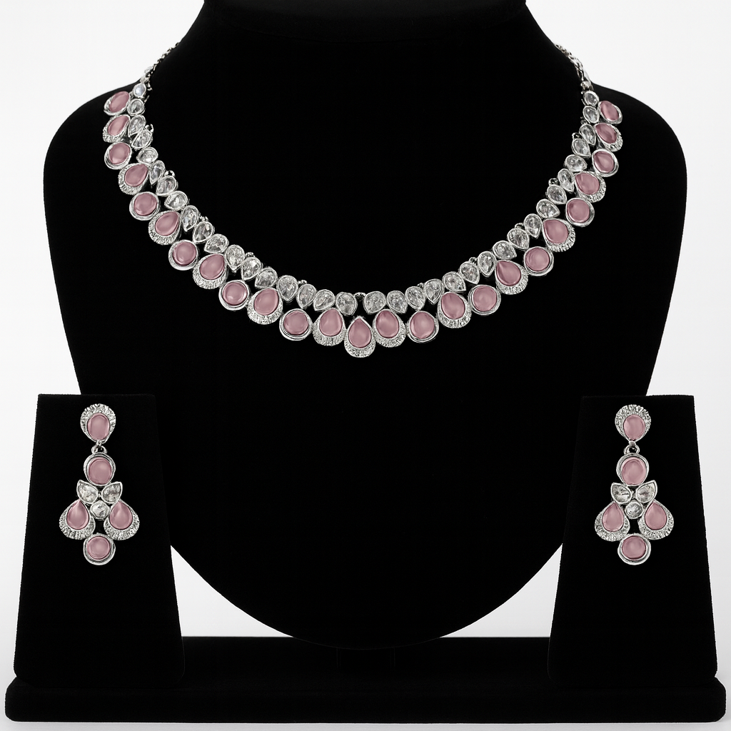 Chic Silver-Toned Pink Stone Necklace & Earrings Set with Teardrop Motifs