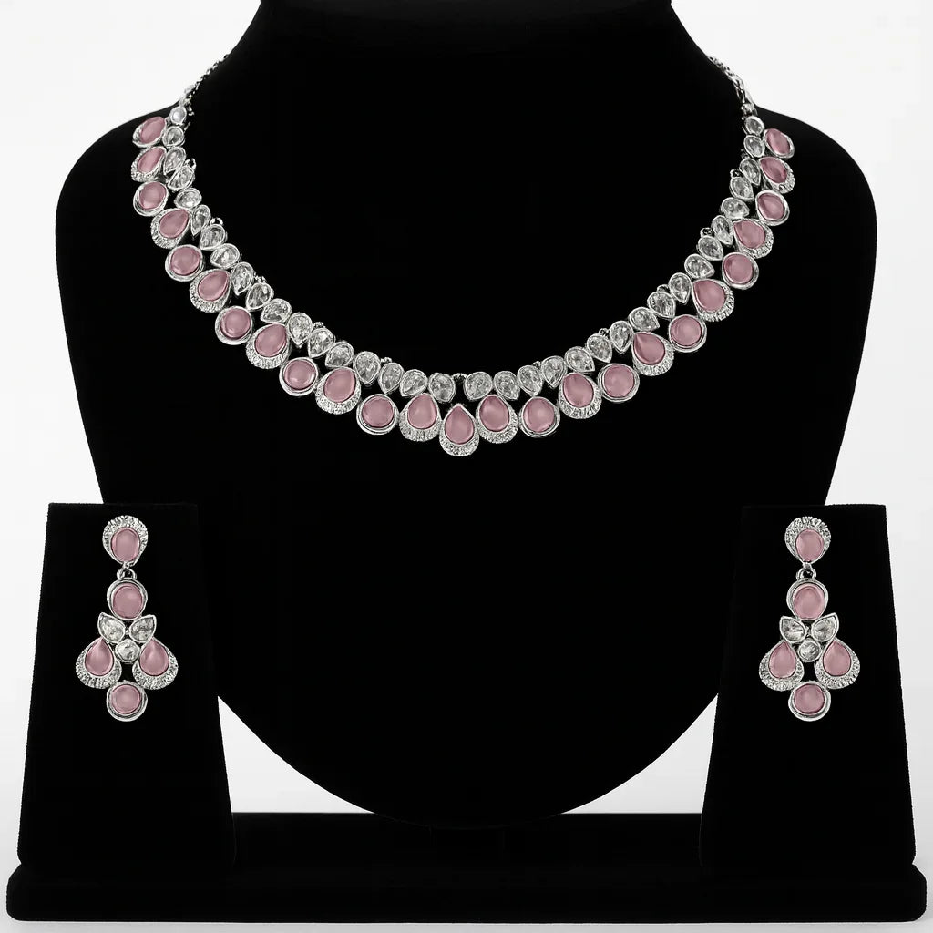 Chic Silver-Toned Pink Stone Necklace & Earrings Set with Teardrop Motifs