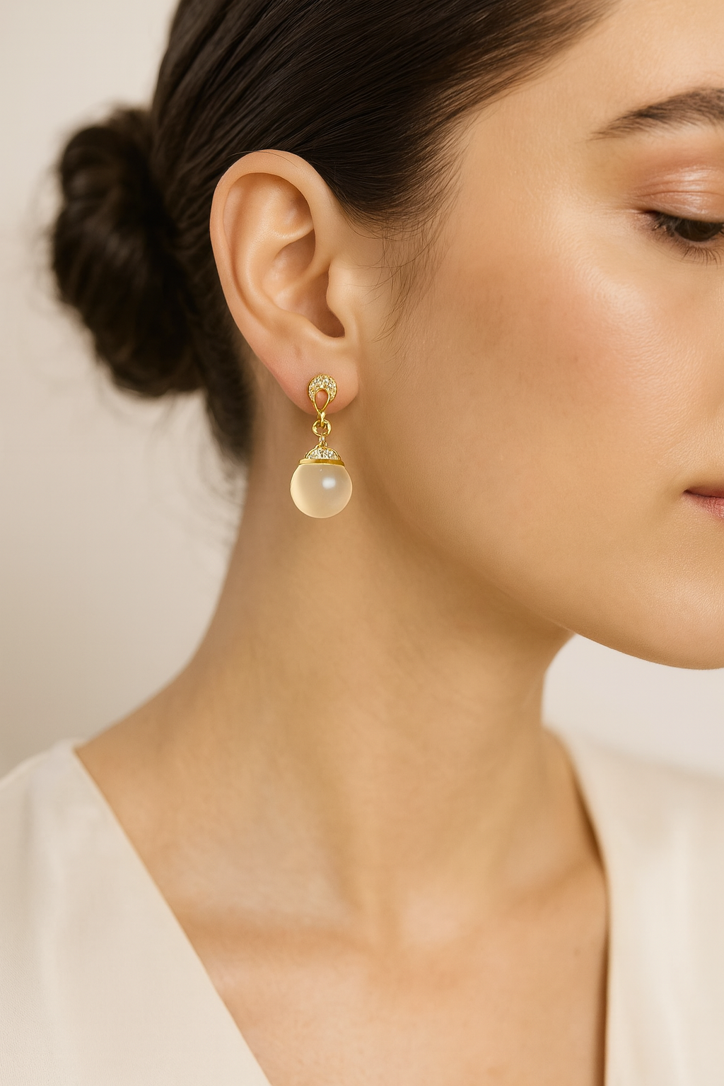 Gold-Plated Round Drop Earrings with CZ Accents & Champagne Bead