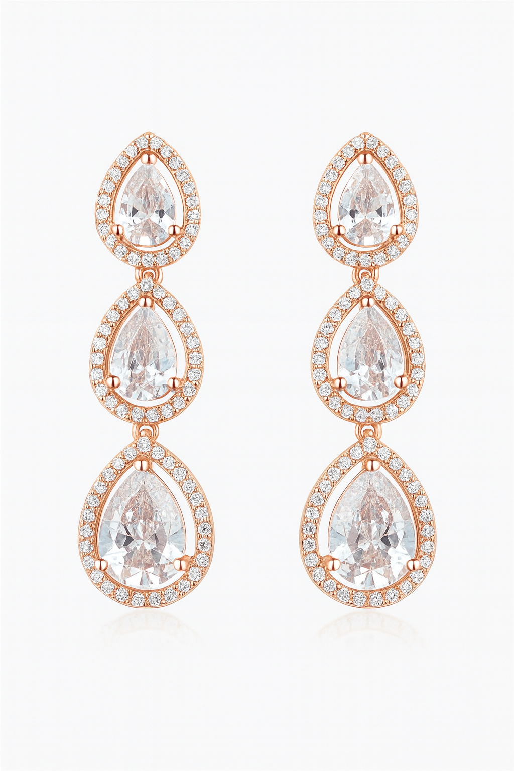 Rose-Gold Triple Teardrop CZ Earrings – Elegant Party & Evening Wear