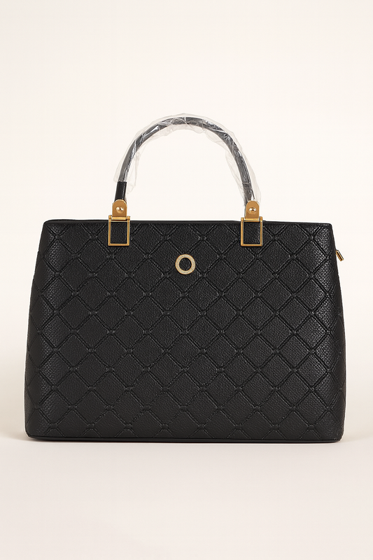 ZUBY Black Quilted Faux Leather Structured Handbag – Classic Gold Hardware | Office to Evening