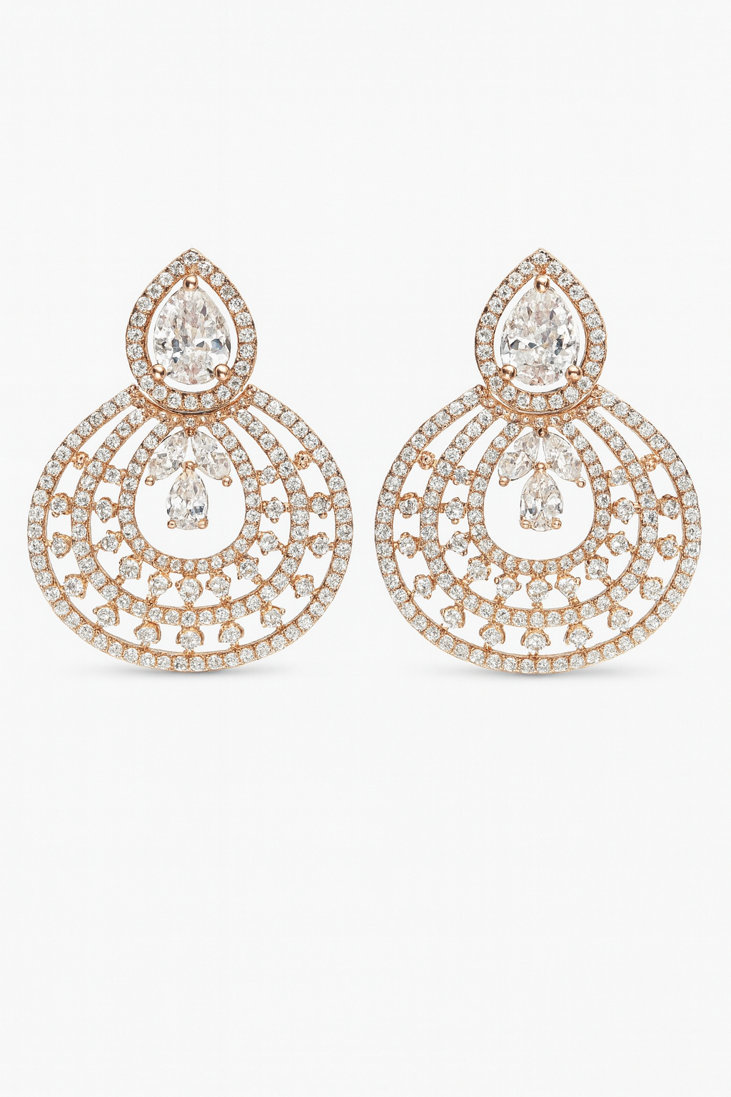 Rose-Gold Plated CZ Chandelier Earrings with Peach Teardrop Stone – Bridal & Party Wear