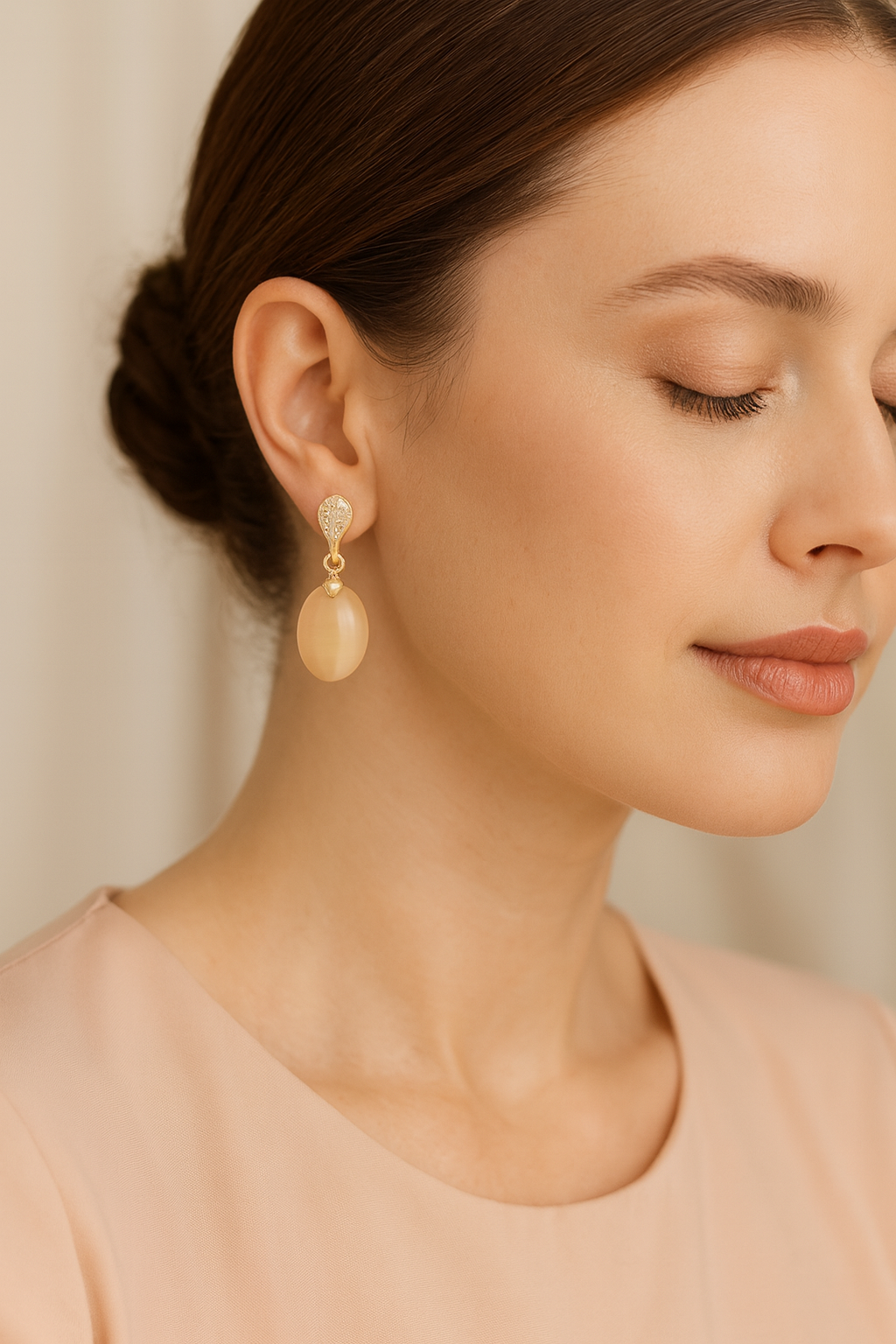 Gold-Plated Oval Drop Earrings with CZ-Studded Top and Beige Gemstone