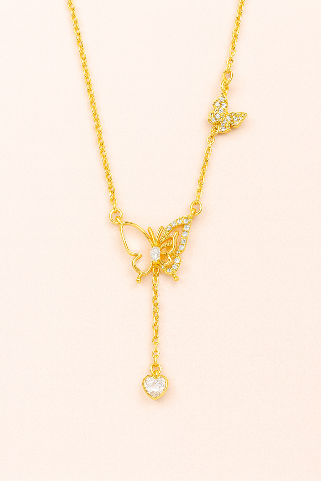 Gold-Plated Butterfly Pendant Necklace with CZ Heart Drop