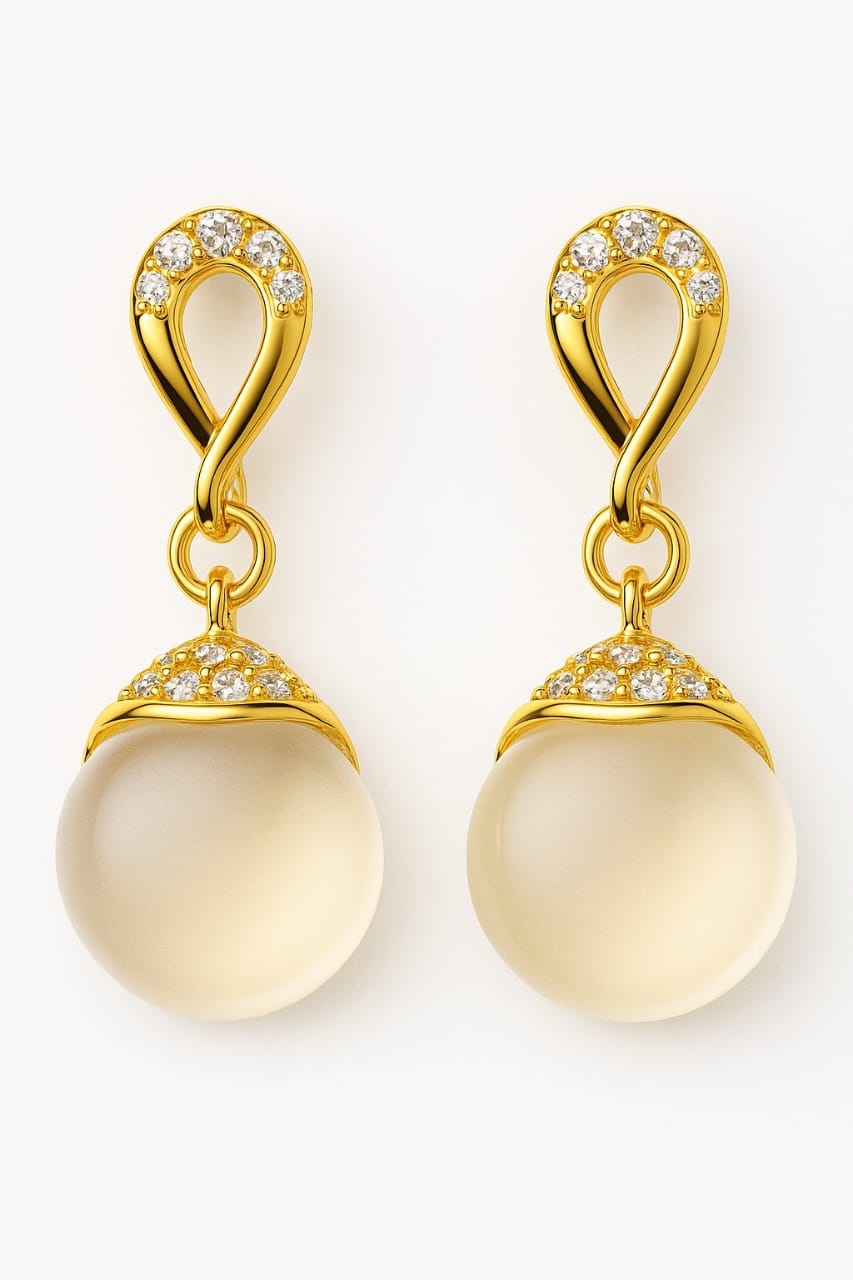 Gold-Plated Round Drop Earrings with CZ Accents & Champagne Bead