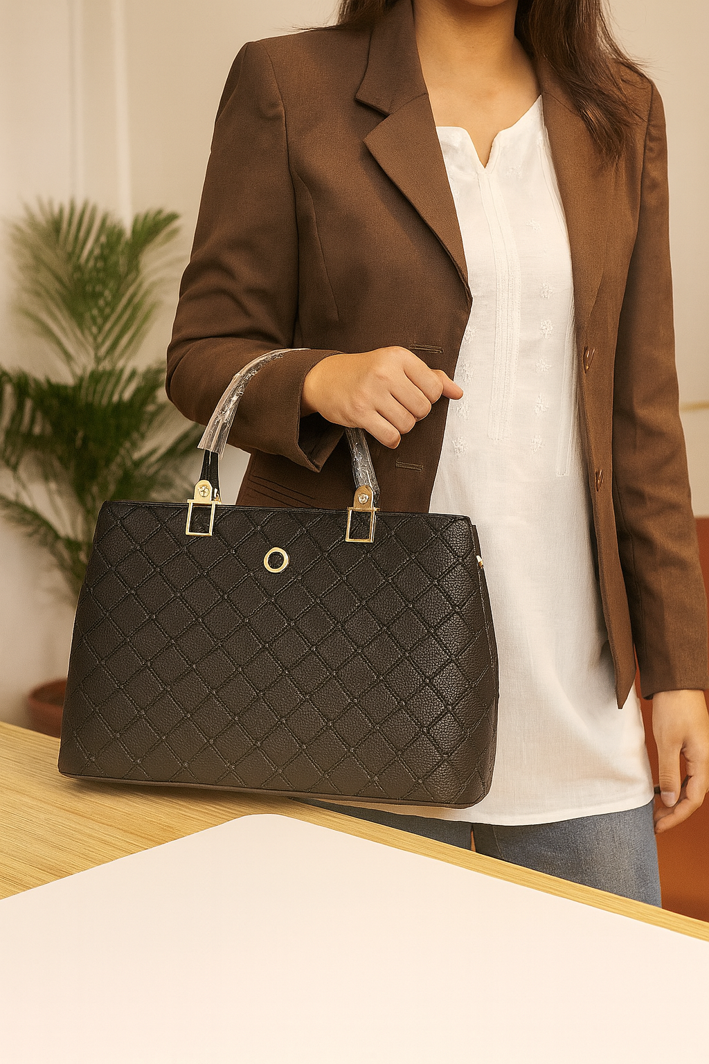 ZUBY Black Quilted Faux Leather Structured Handbag β Classic Gold Hardware | Office to Evening