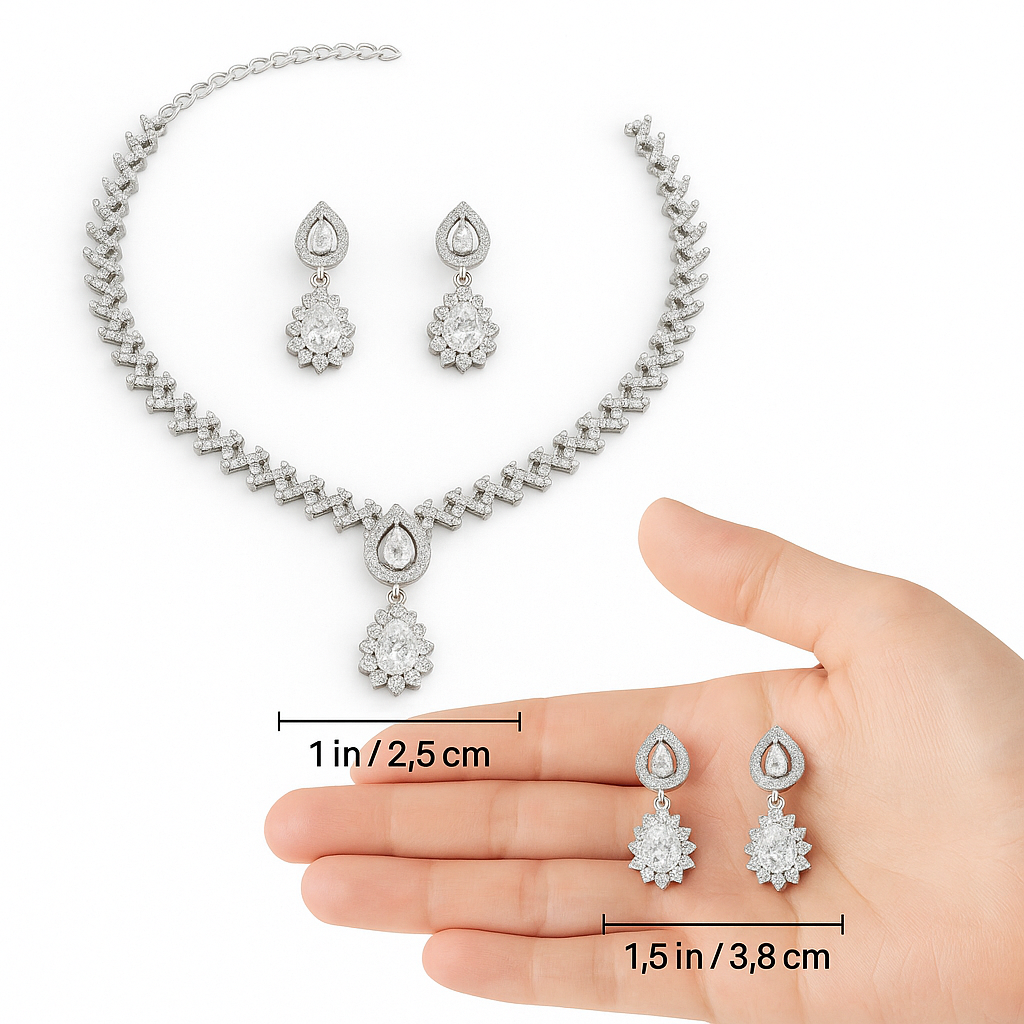 Classic Rhodium-Plated Diamond Look Necklace & Earrings Set with Solitaire Drop Pendant