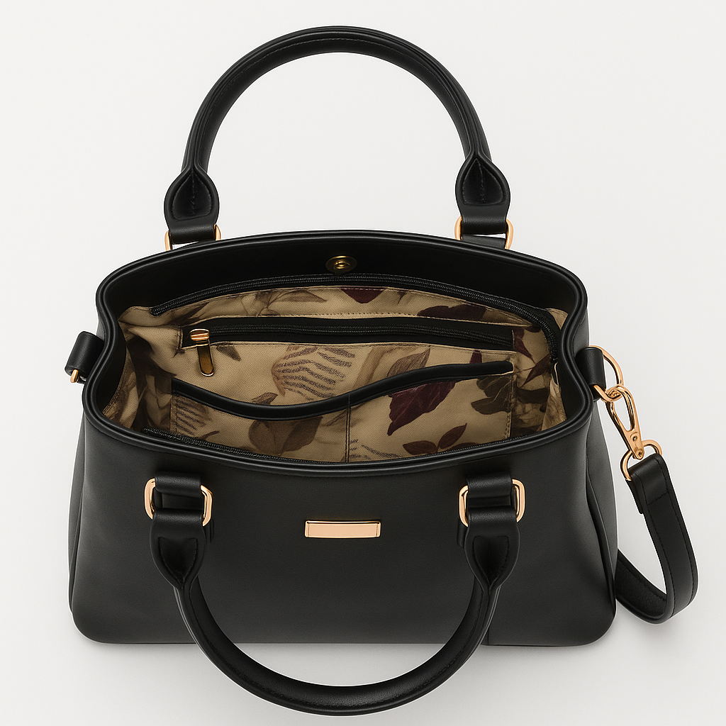KATE Elegant Black Structured Faux Leather Handbag for Women | Top Handle & Sling Strap | Gold Hardware | Office, Casual, Travel Use