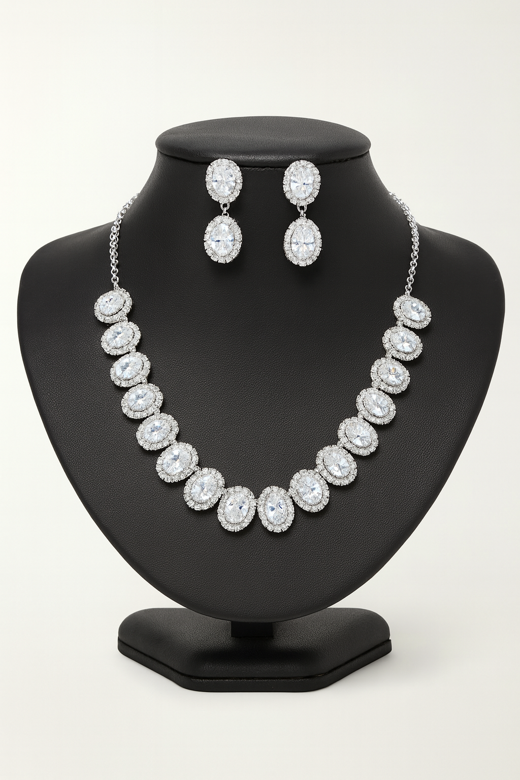 Glamorous Silver-Toned Oval CZ Necklace & Earrings Set with Double Halo Design