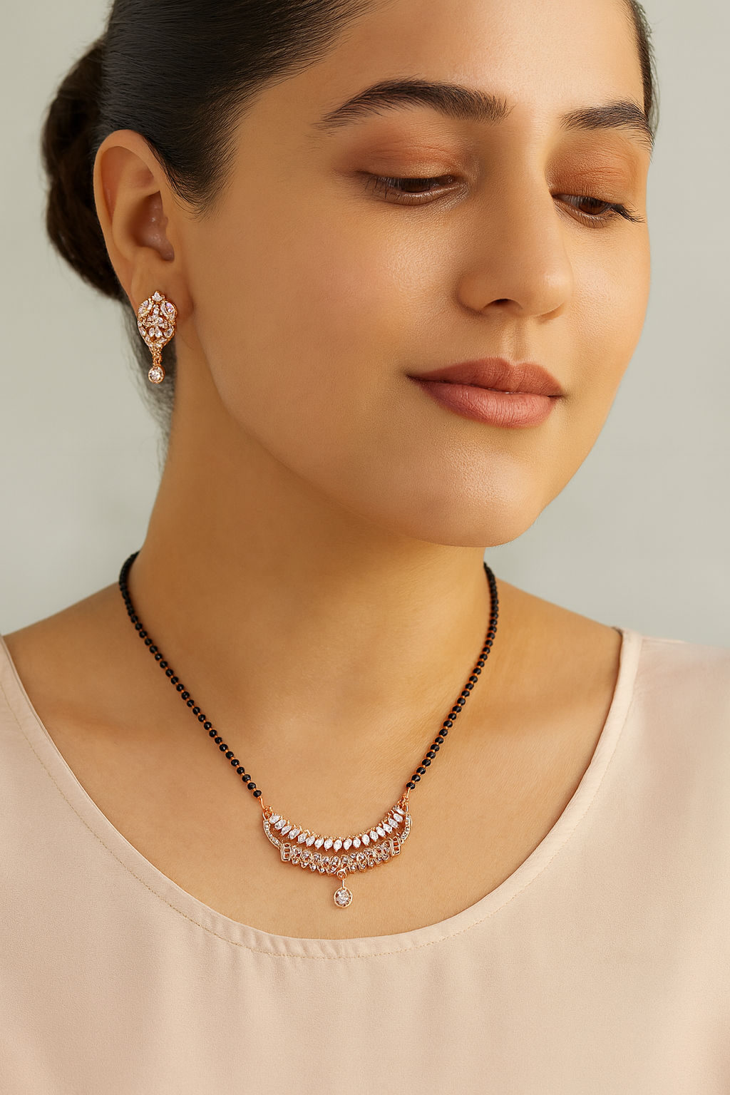 Rose Gold-Plated Designer Mangalsutra with Matching Earrings | CZ Stone Bridal Set