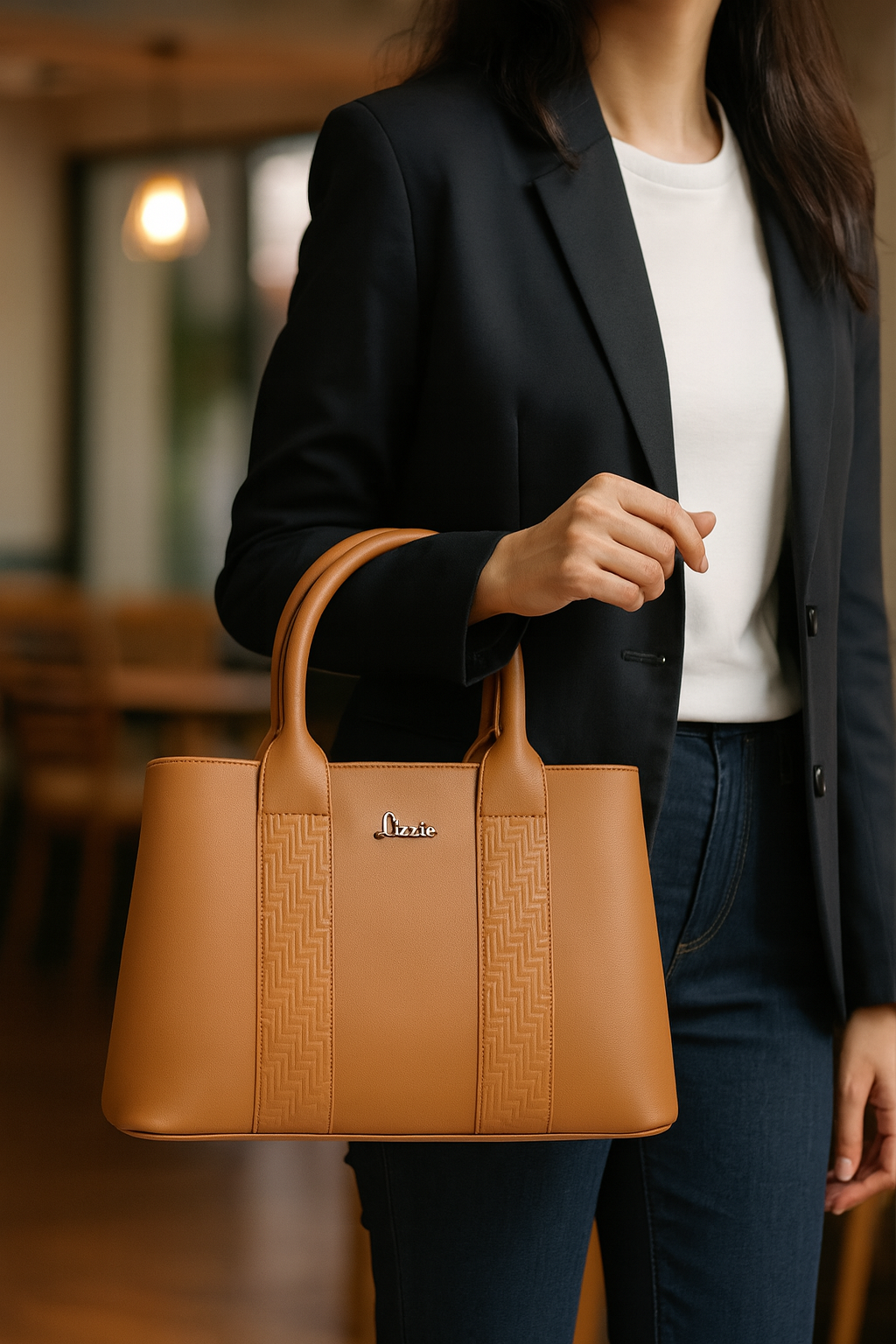 LIZZIE Tan Textured Panel Faux Leather Handbag β With Detachable Sling Strap