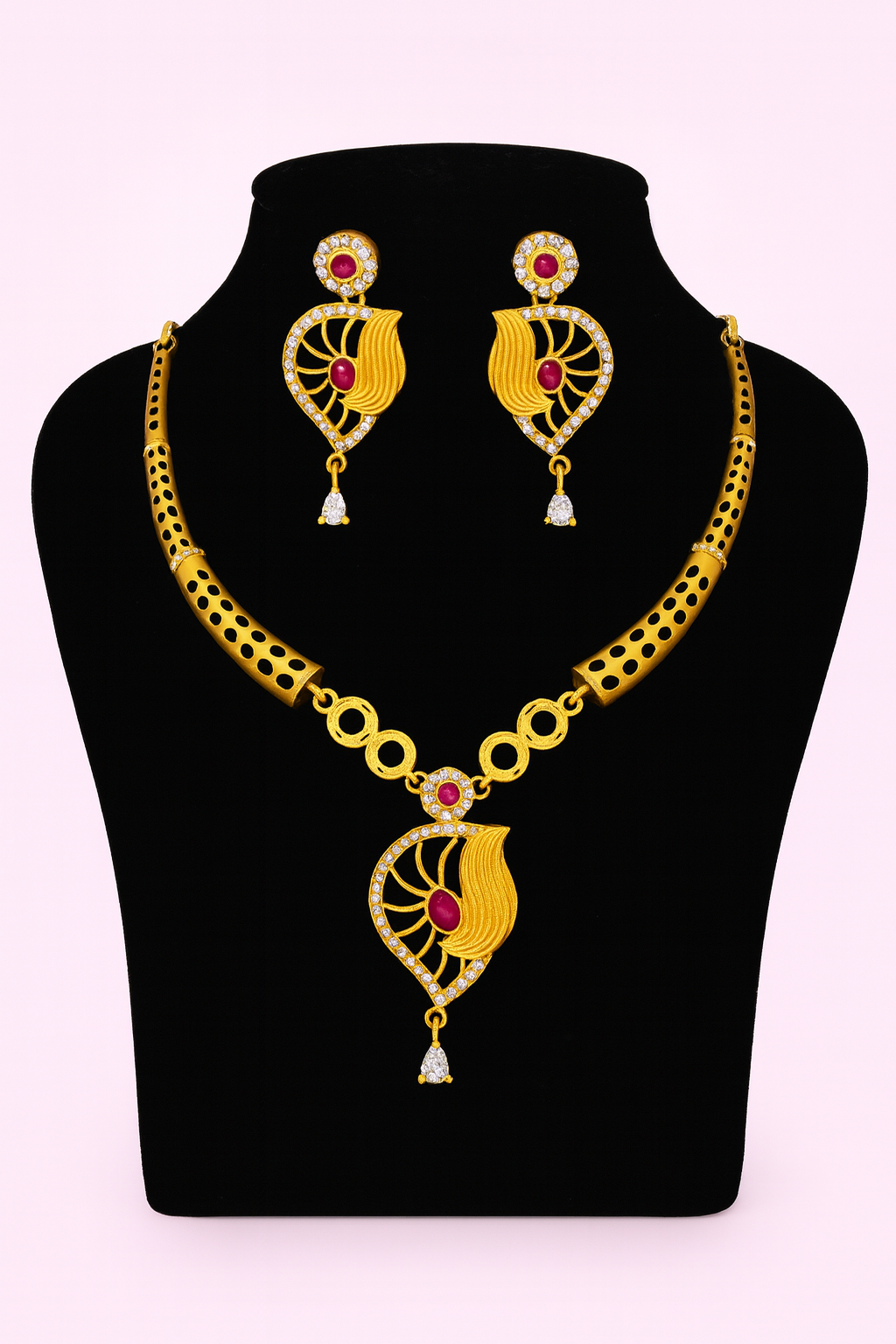 Peacock-Inspired Gold-Plated Necklace Set with CZ Diamonds & Pink Stones – Modern Festive Jewelry for Women