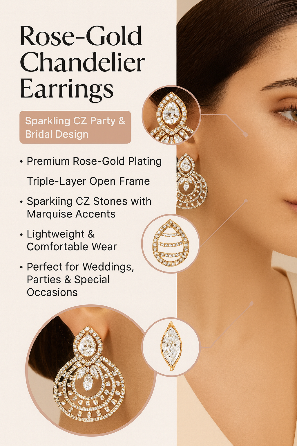 Rose-Gold Plated CZ Chandelier Earrings with Peach Teardrop Stone – Bridal & Party Wear