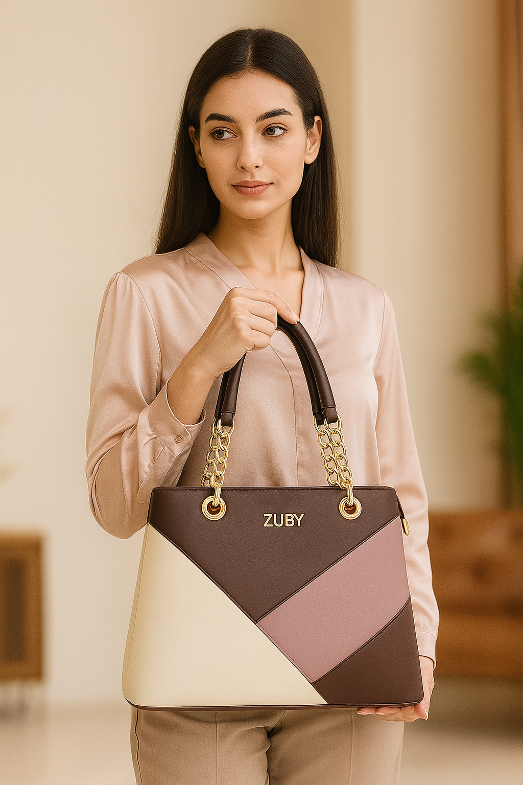 ZUBY Multi-Tone Geometric Handbag with Gold Chain Handles β Modern Luxe Design