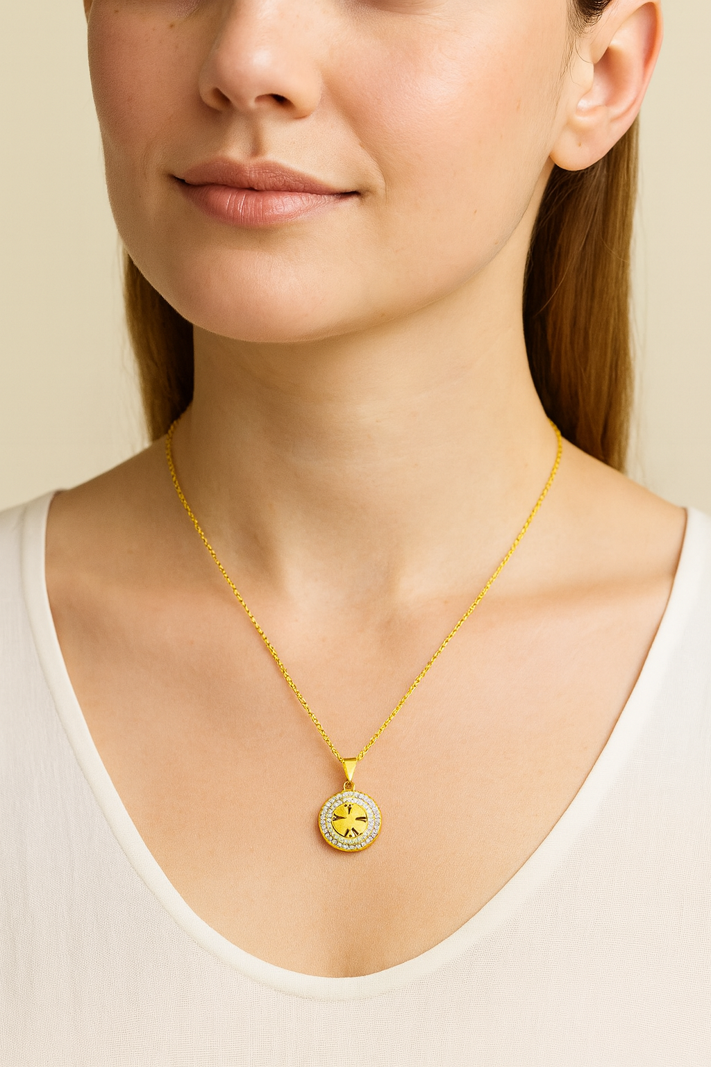 Gold-Plated Four-Leaf Clover Pendant Necklace with CZ Stone Halo