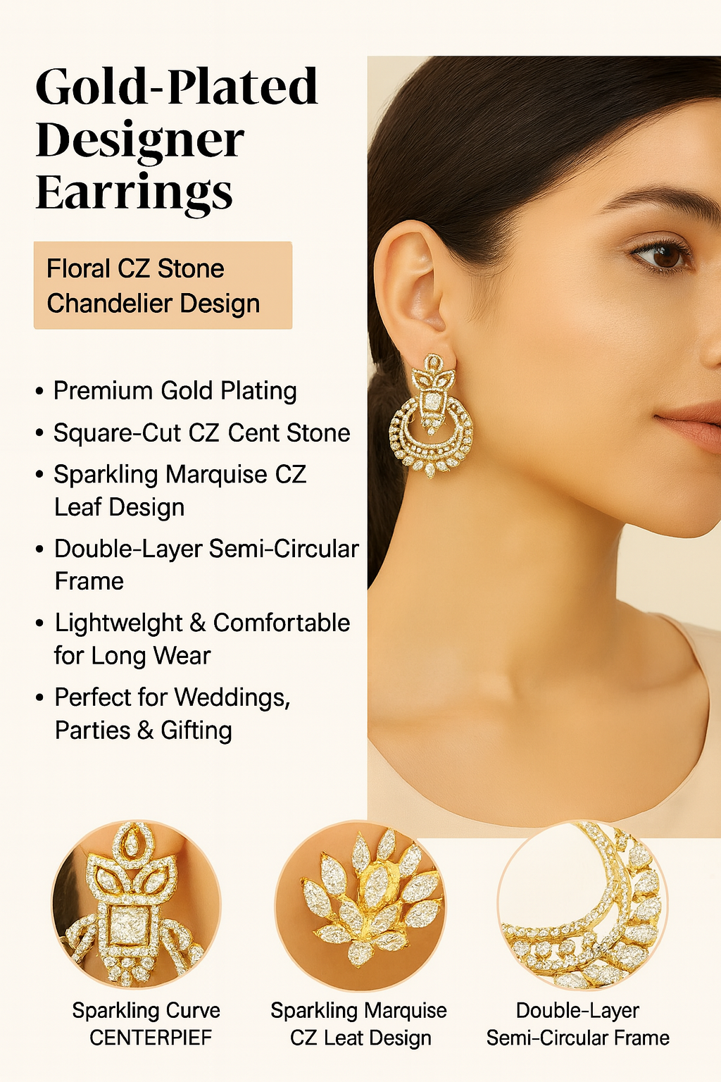 Gold-Plated CZ Chandelier Earrings with Square Centerpiece & Marquise Accents – Bridal & Festive Wear