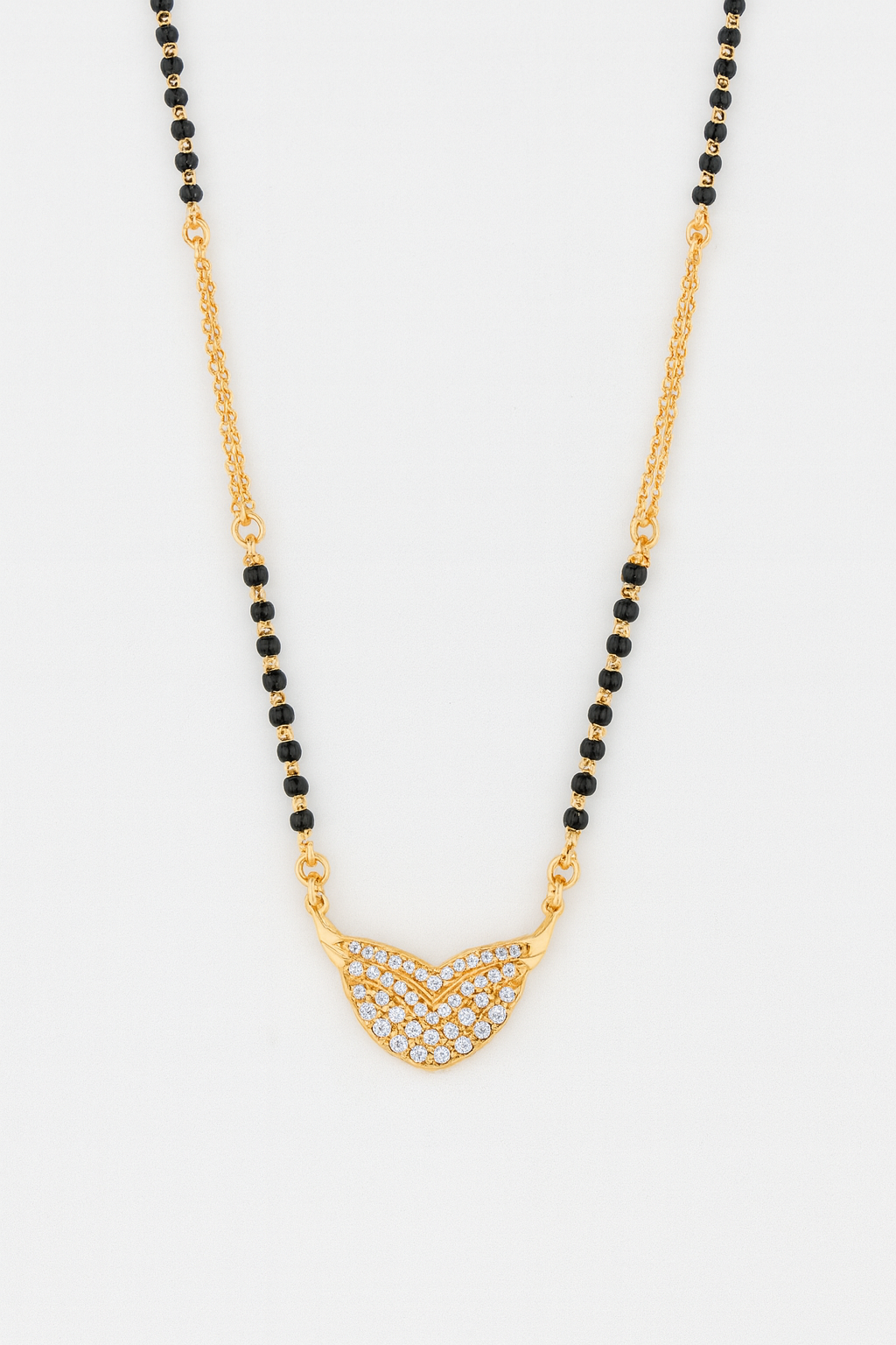 Elegant Gold-Plated Mangalsutra with Black Beads & CZ-Studded Chevron Pendant