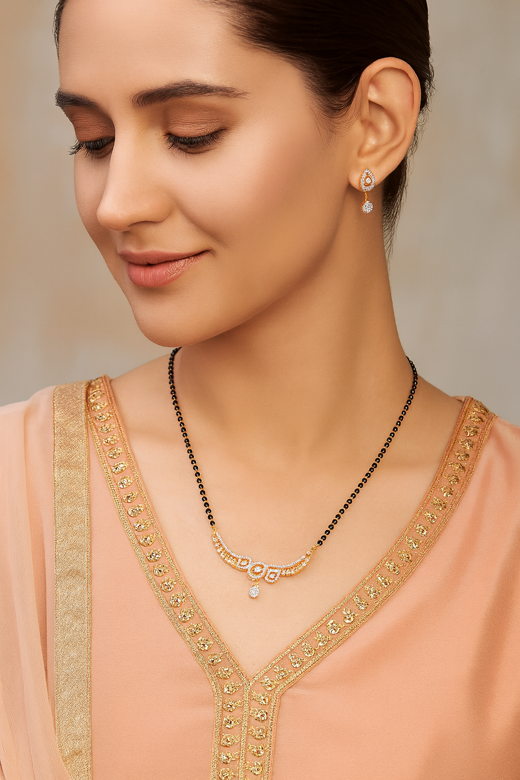 Gold-Plated CZ Stone Mangalsutra Set with Matching Earrings