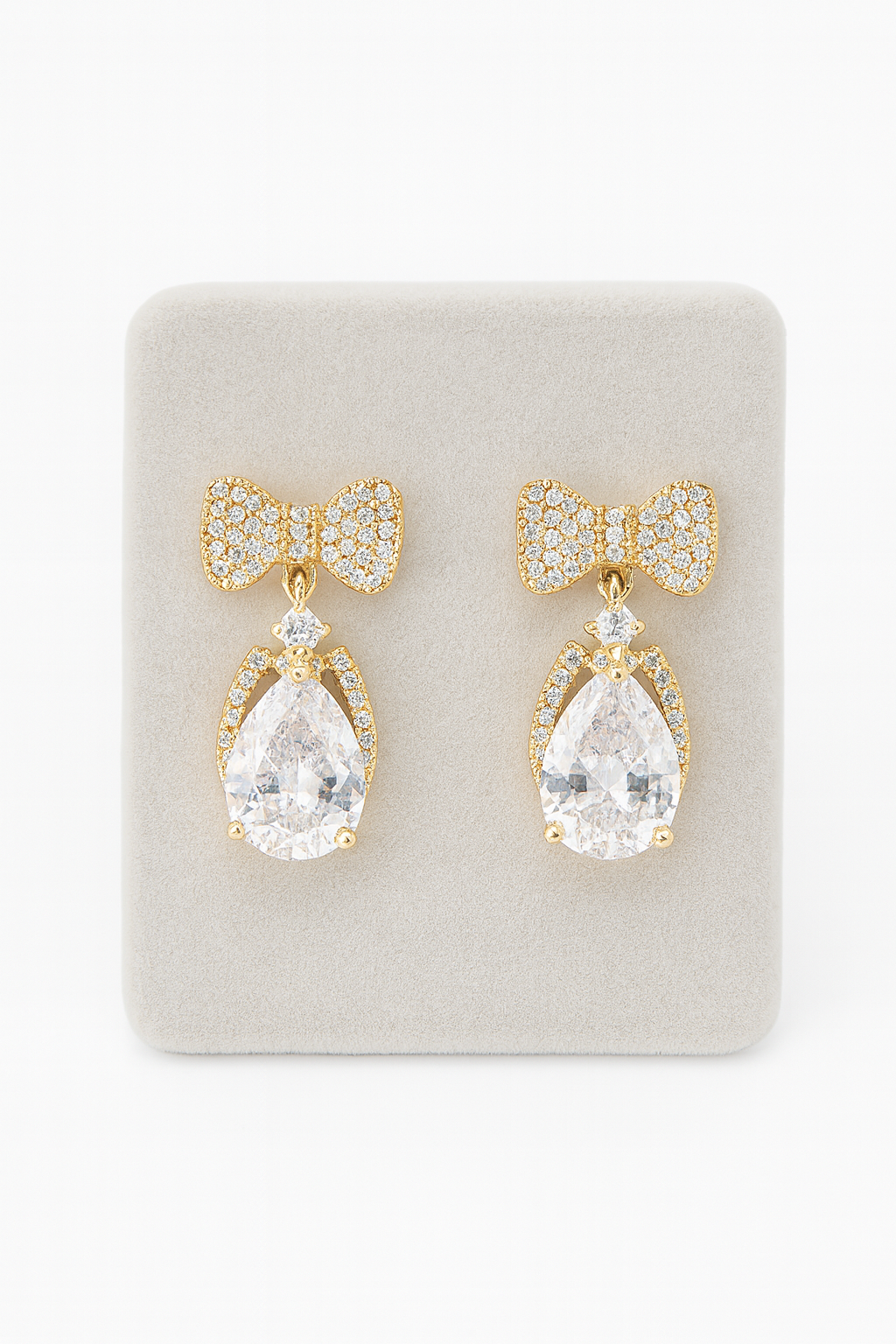 Gold-Plated Bow & Teardrop CZ Earrings with Micro-Pave Accents