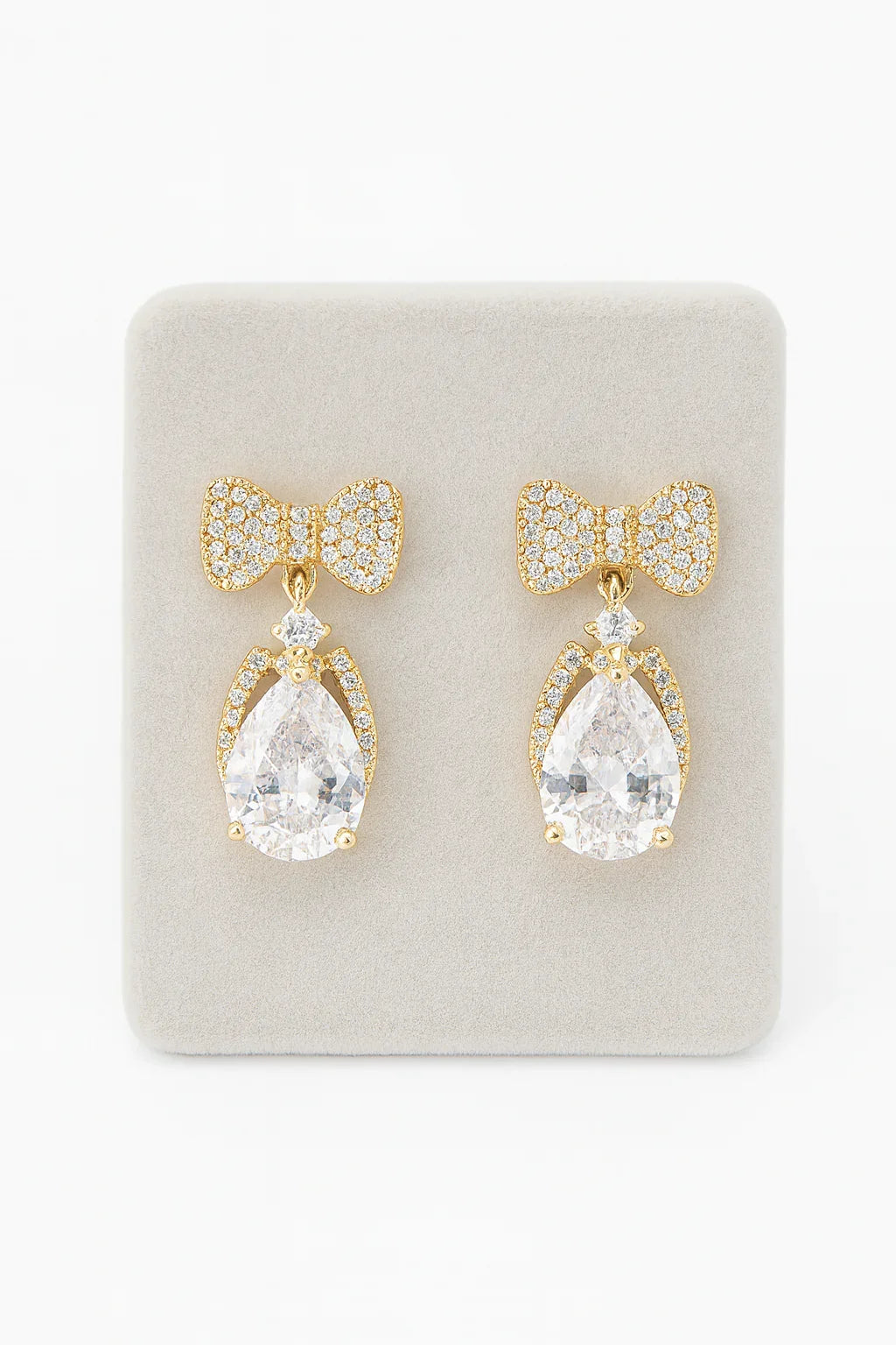 Gold-Plated Bow & Teardrop CZ Earrings with Micro-Pave Accents
