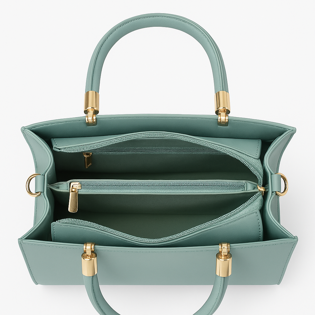 KATE Elegant Mint Green Structured Handbag with Gold Hexagon Handles – Premium Faux Leather Purse for Women