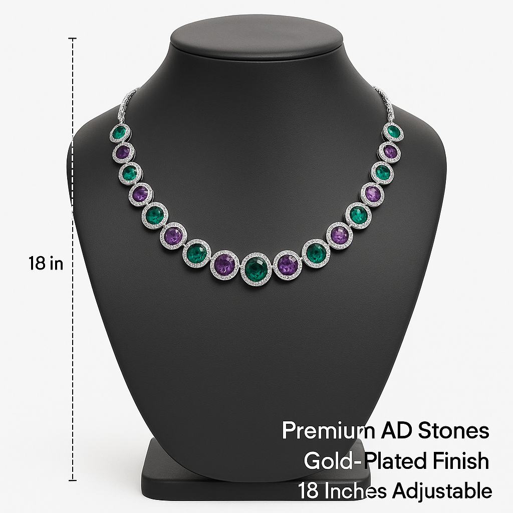 Regal Round-Cut Multicolor Stone Necklace & Earrings Set – Green, Purple & Diamond Accents