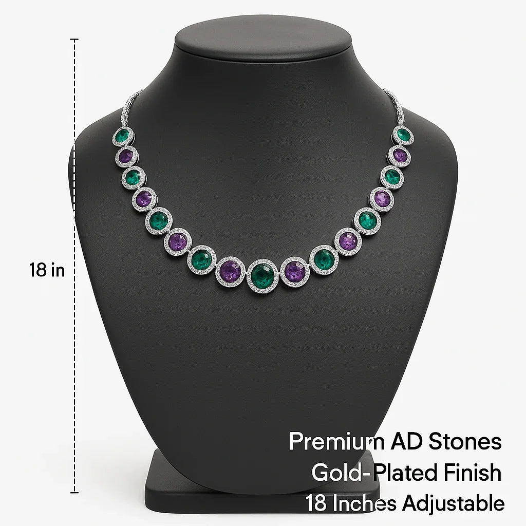 Regal Round-Cut Multicolor Stone Necklace & Earrings Set – Green, Purple & Diamond Accents