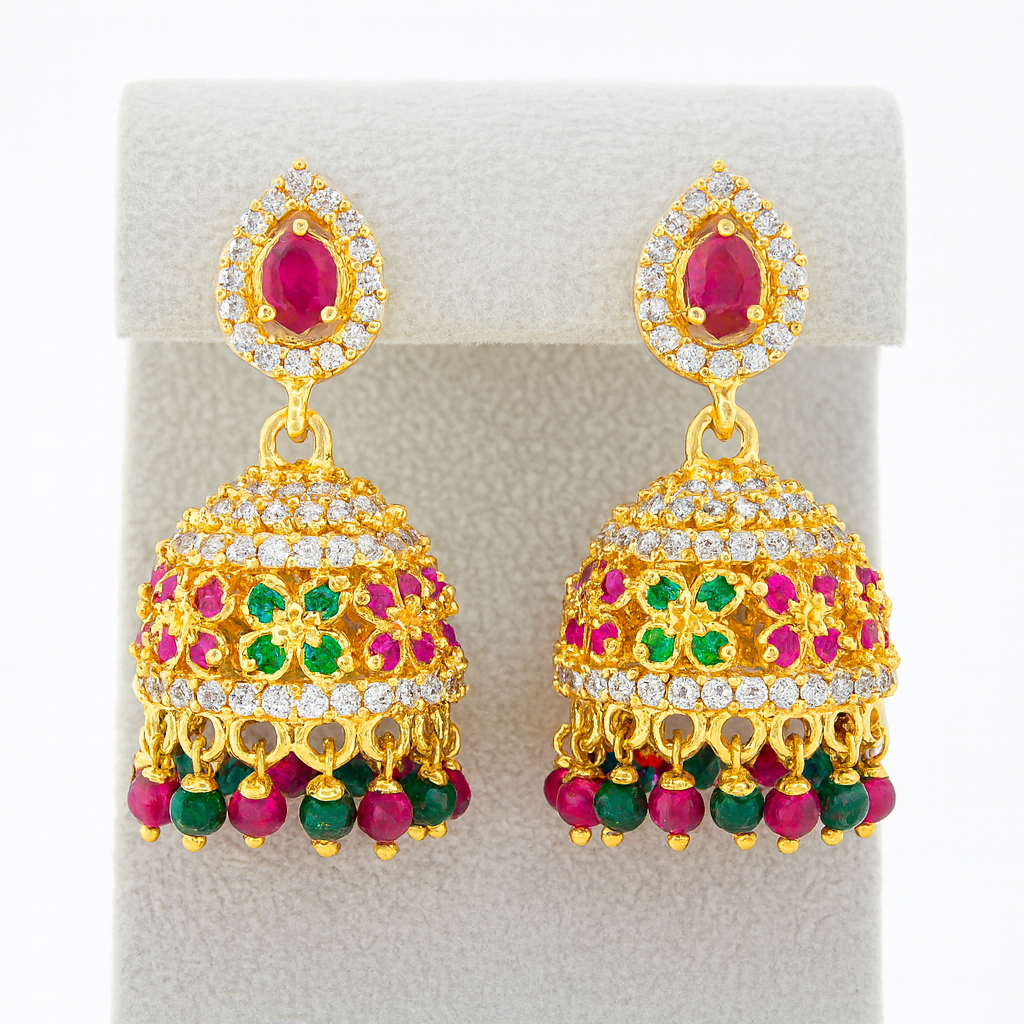 Gold-Plated Floral Jhumka Earrings with Ruby, Emerald, and Bead Drops
