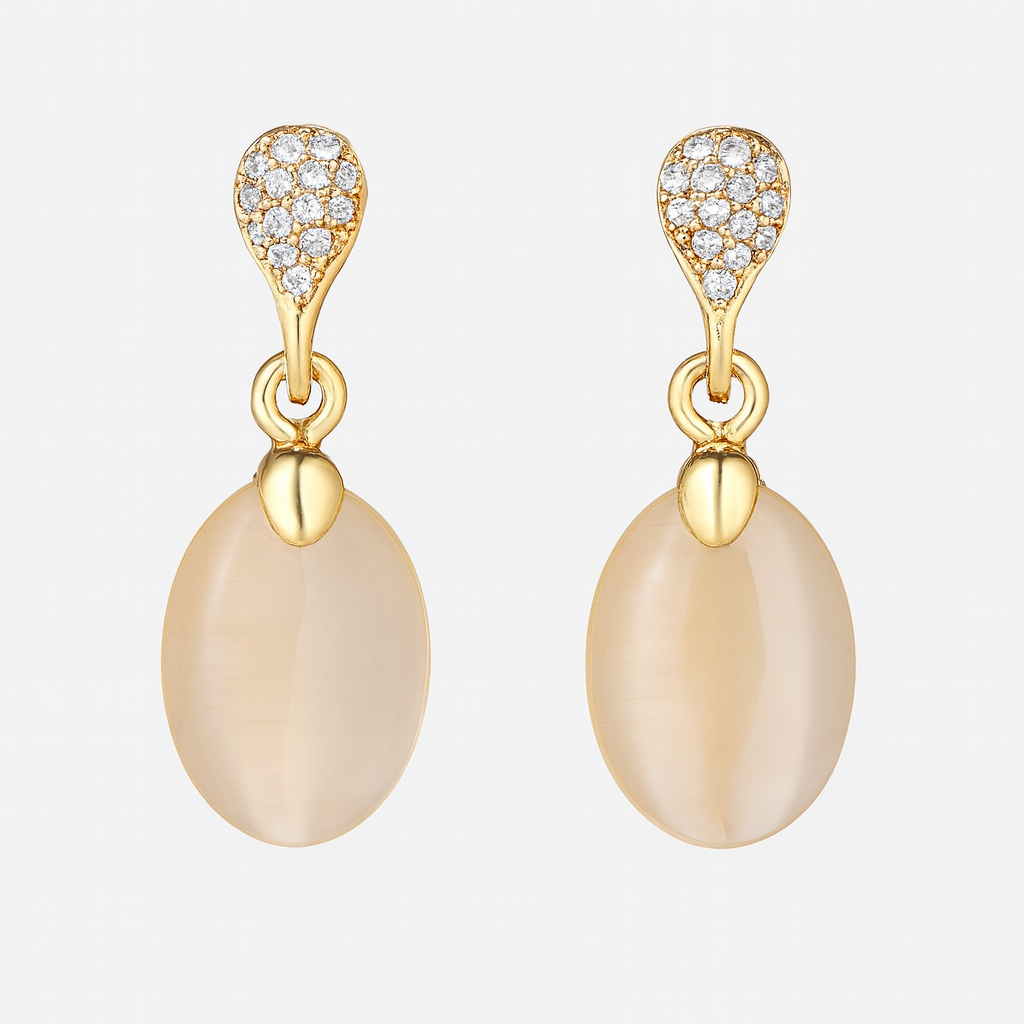 Gold-Plated Oval Drop Earrings with CZ-Studded Top and Beige Gemstone