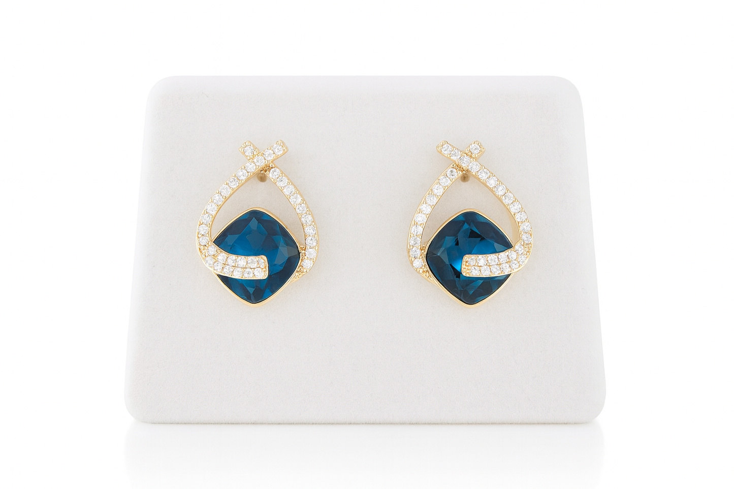 Gold-Plated Drop Frame Earrings with Blue Cushion-Cut Stone and CZ Accents