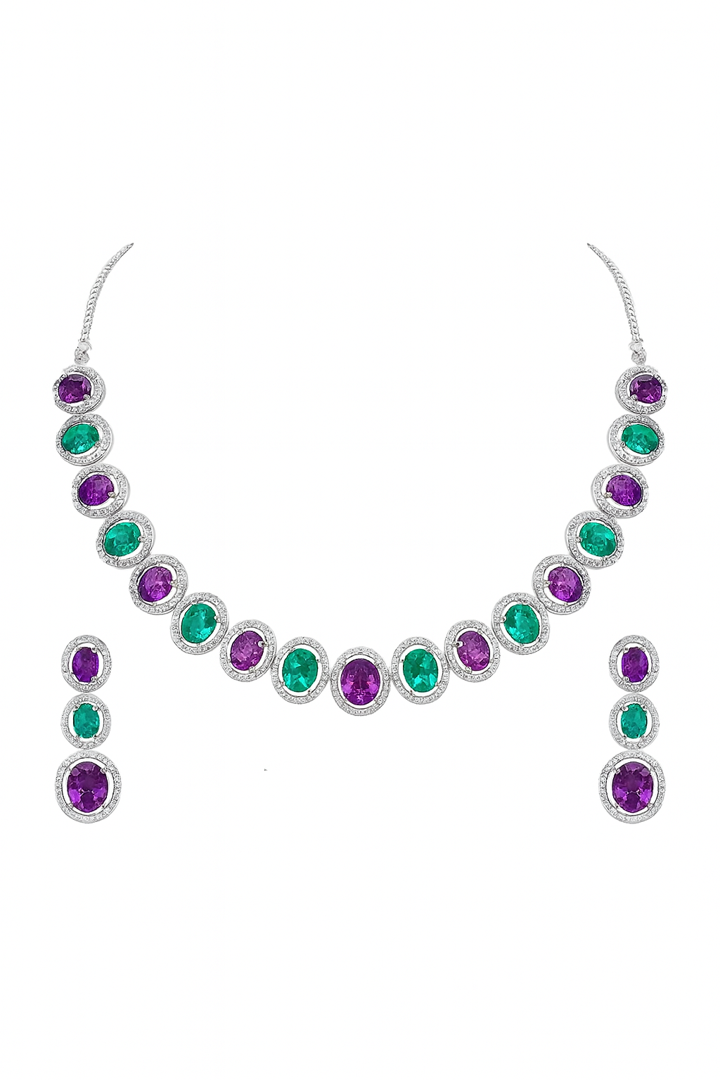Regal Round-Cut Multicolor Stone Necklace & Earrings Set – Green, Purple & Diamond Accents