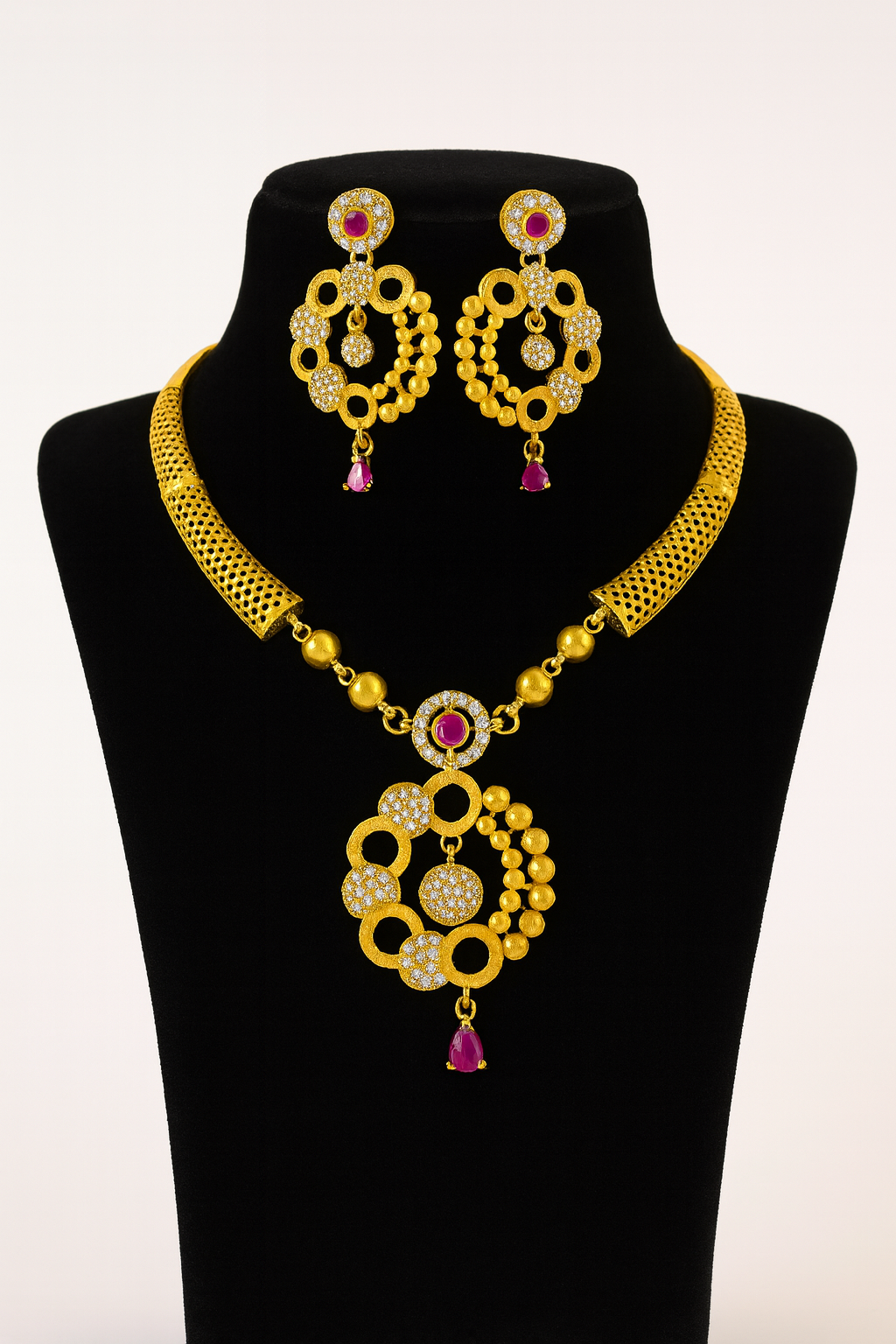 Contemporary Gold-Plated Necklace Set with Pink CZ Drops & Textured Disc Design – Party Jewelry for Women