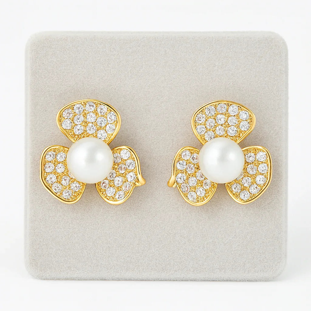 Gold-Plated Floral Stud Earrings with CZ Petals and Pearl Center