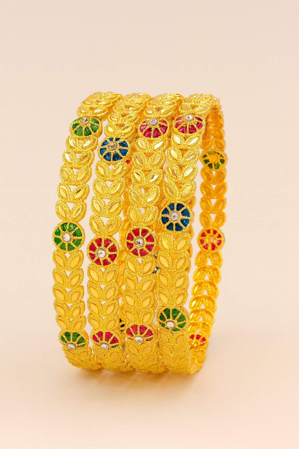 Gold-Plated Leaf Pattern Kada Bangles for Women with Multicolor Enamel Floral Work – Set of 4