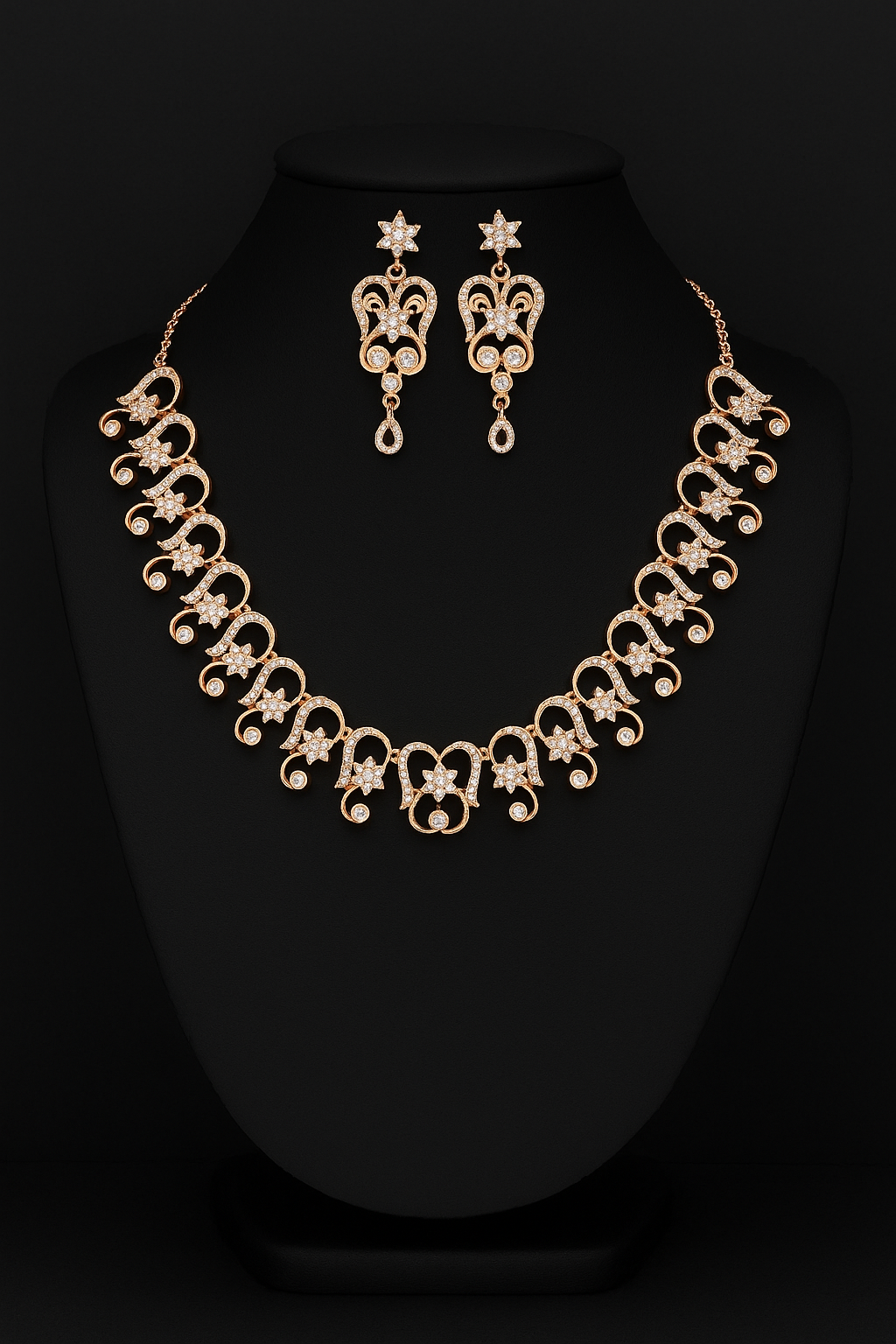 Antique Gold-Toned Floral Motif Necklace & Earrings Set with White Stone Detailing