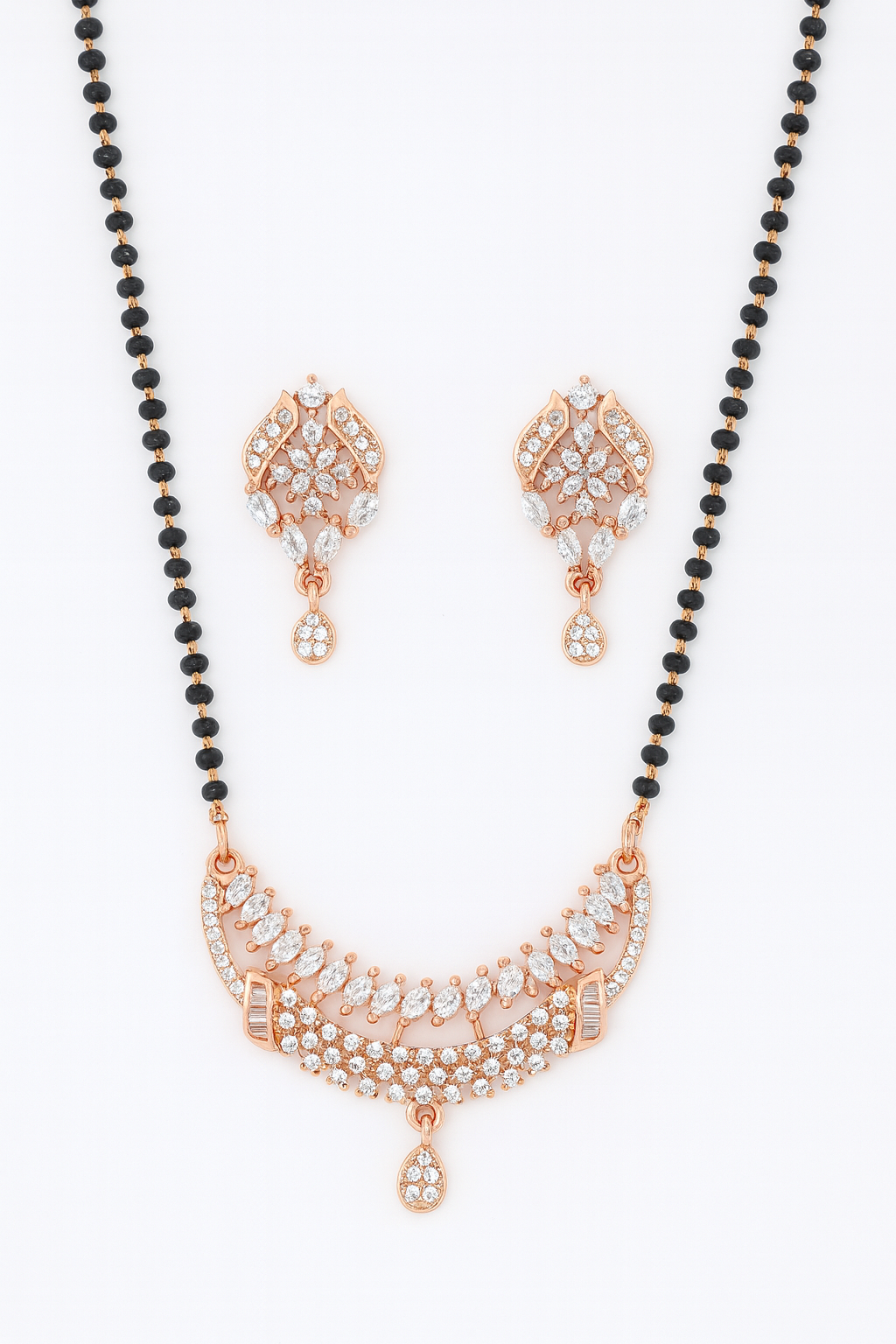 Rose Gold-Plated Designer Mangalsutra with Matching Earrings | CZ Stone Bridal Set