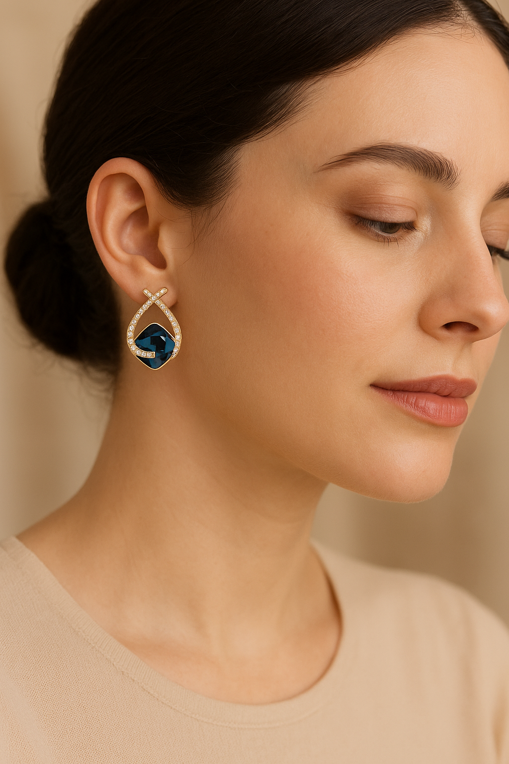 Gold-Plated Drop Frame Earrings with Blue Cushion-Cut Stone and CZ Accents