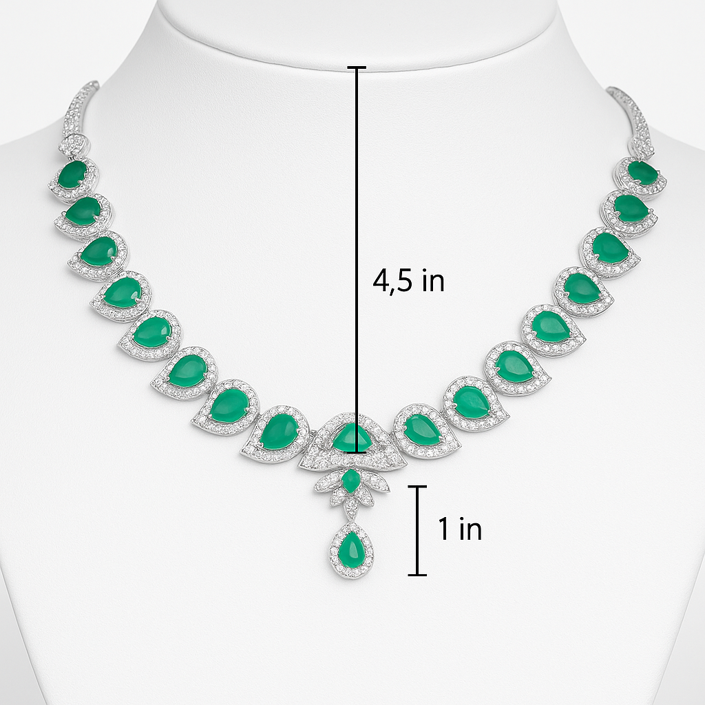 Elegant Emerald Green Stone Necklace & Earrings Set with Diamond Accents