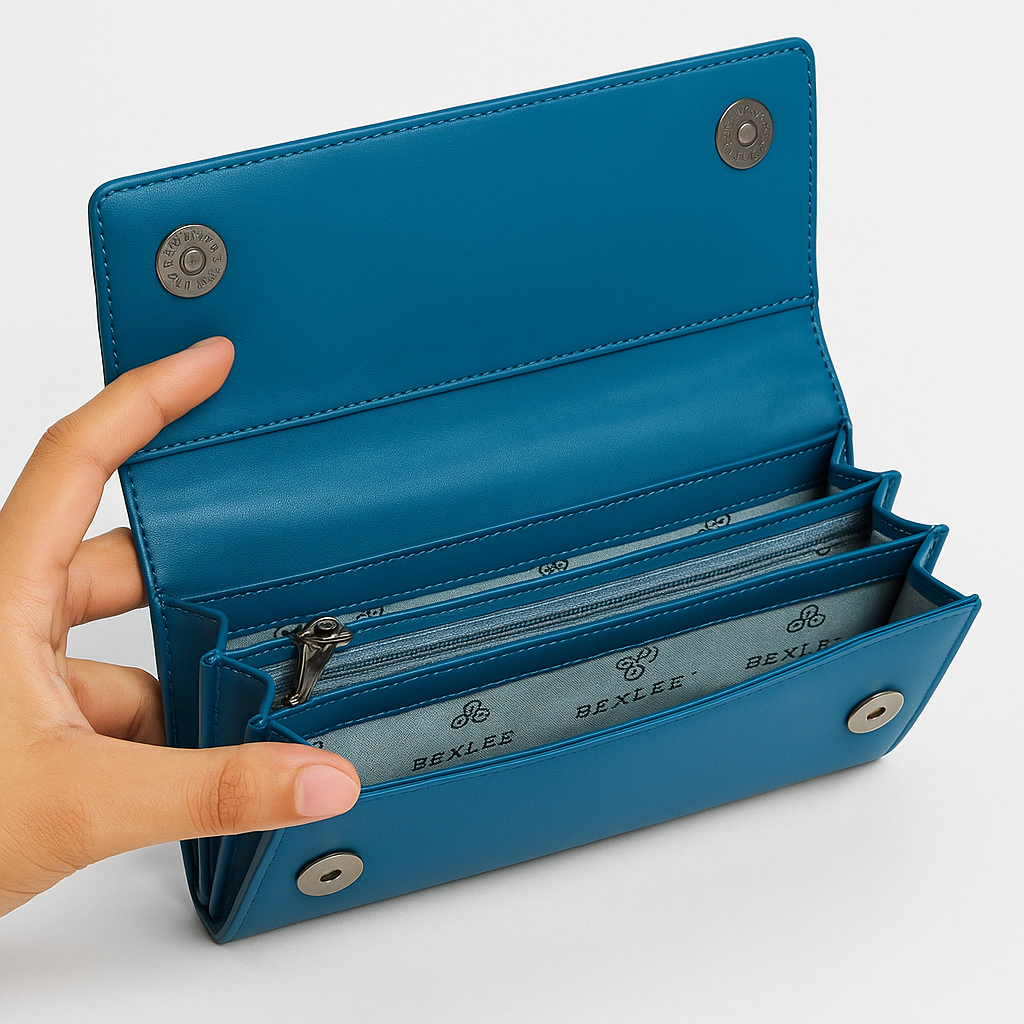 BEXLEE Women’s Premium Blue Wallet – Stylish Faux Leather Clutch with Multiple Compartments & Secure Zipper Pocket