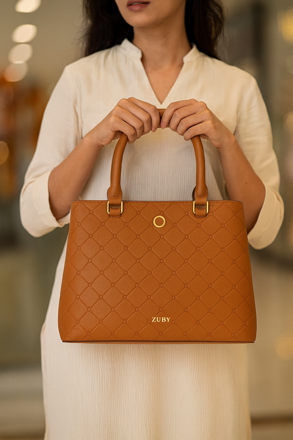 ZUBY Women's Quilted Tan Faux Leather Handbag with Dual Handles & Gold Accent