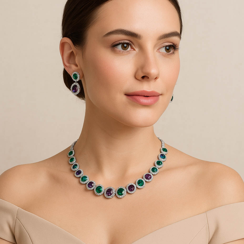 Regal Round-Cut Multicolor Stone Necklace & Earrings Set – Green, Purple & Diamond Accents