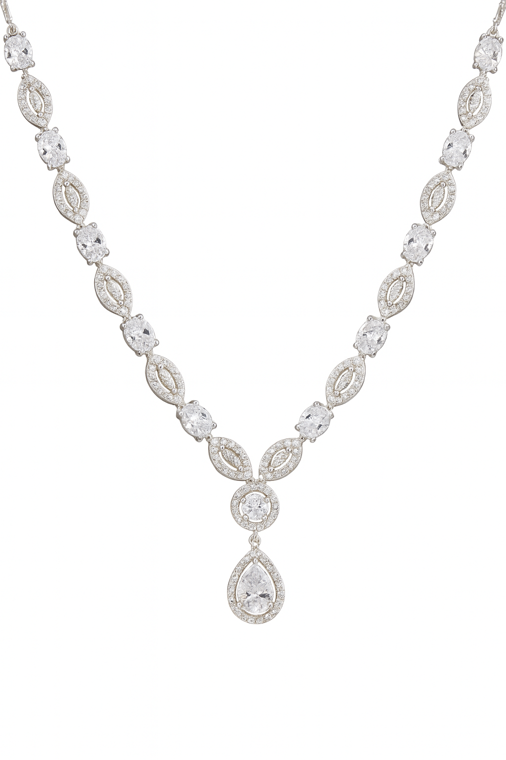 Graceful Silver-Toned CZ Diamond Necklace & Earrings Set with Teardrop Pendant