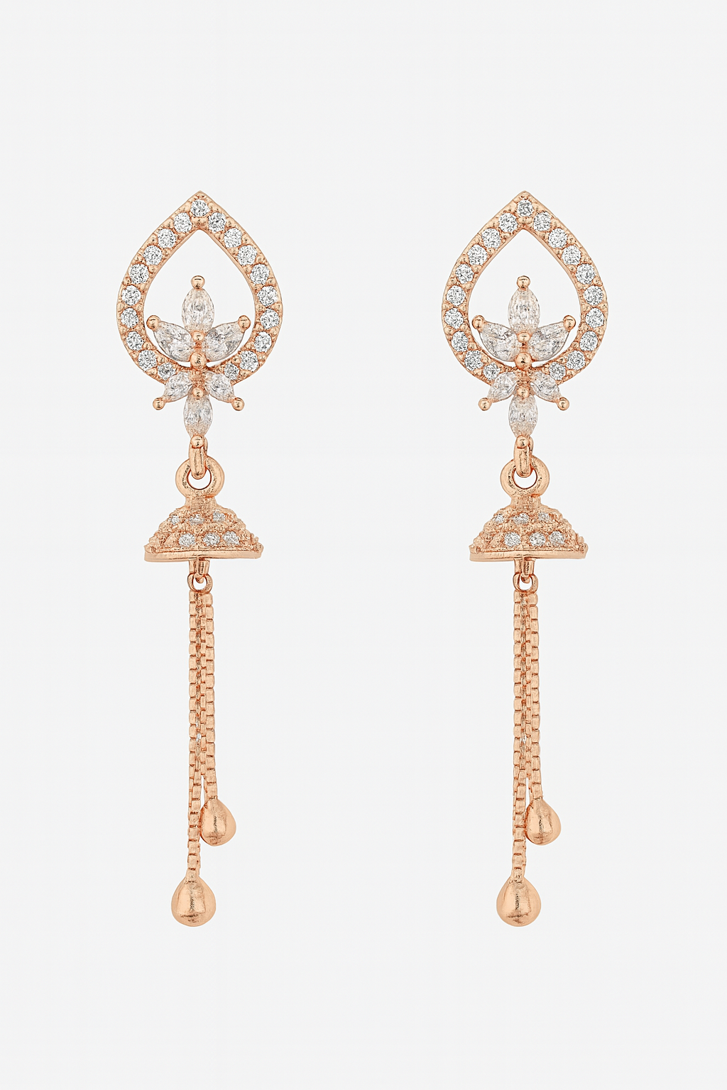 Rose Gold-Plated Floral Jhumki Drop Earrings with CZ Accents