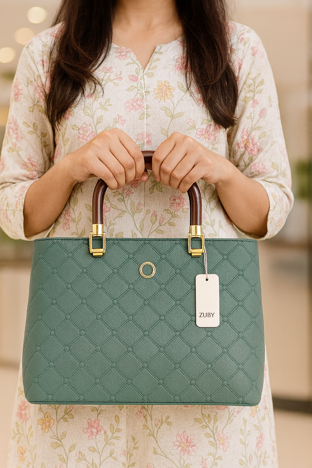 ZUBY Elegant Quilted Green Handbag β Dual-Tone Handles with Gold Accents & Detachable Strap
