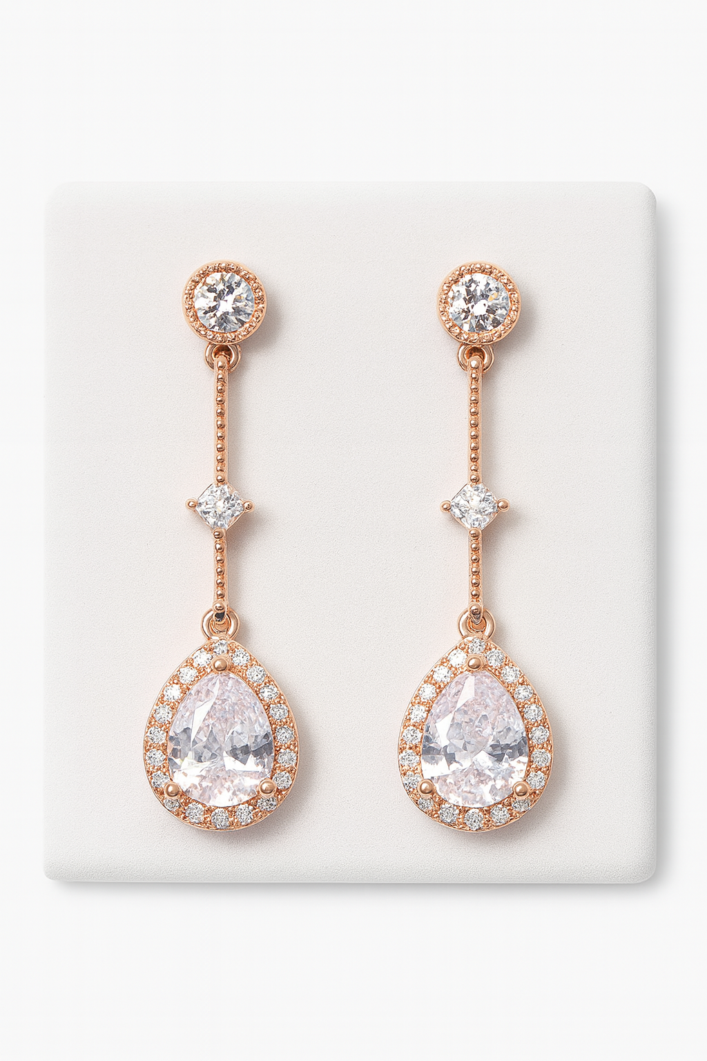 Rose Gold-Plated Linear Drop Earrings with Teardrop CZ Halo