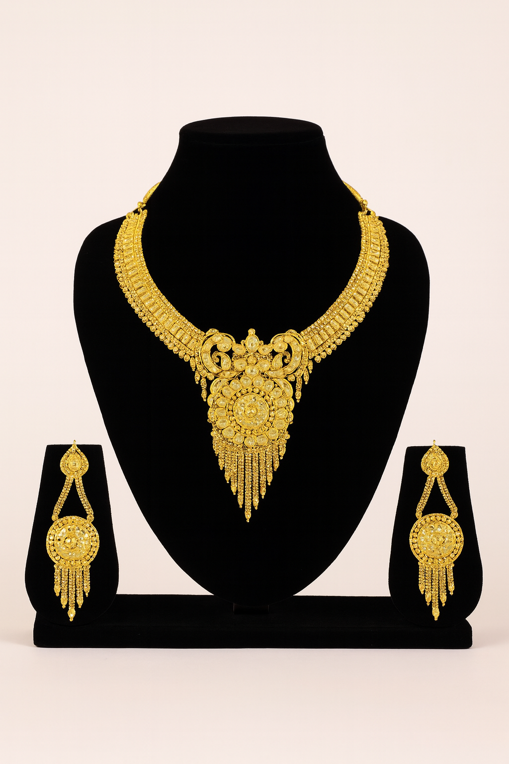 Antique Gold-Plated South Indian Bridal Necklace Set with Long Earrings – Temple Jewelry for Weddings